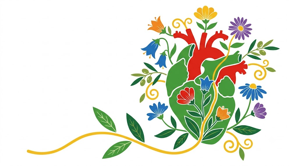 A flat folk-art vector illustration of a human heart framed by stylised flowers, leaves and a curling golden vine on white.