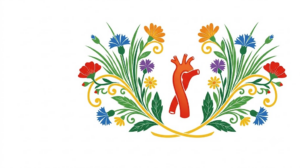 A flat folk-art vector illustration of a human artery decorated with stylised flowers on white.