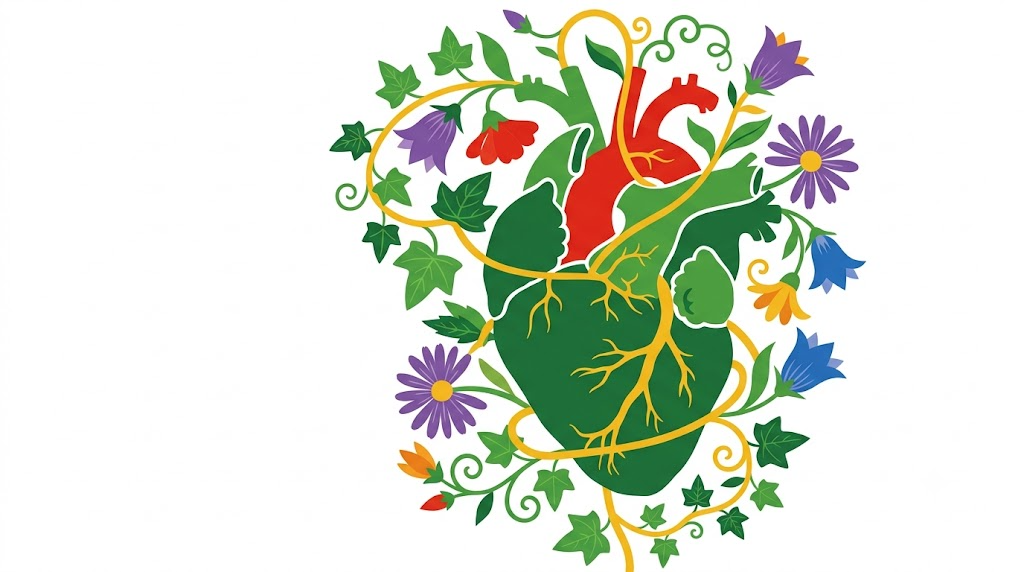 A flat folk-art vector illustration of a human heart with bellflowers, asters and ivy winding around it.