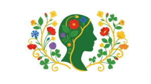 Flat vector illustration of a human head and neck in profile between mirrored sprays of wild roses and buttercups.