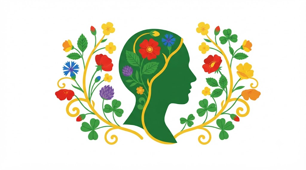 Flat vector illustration of a human head and neck in profile between mirrored sprays of wild roses and buttercups.