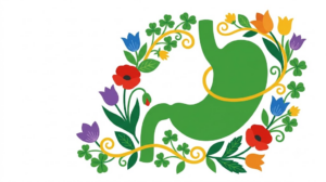A flat folk-art vector illustration of a human stomach among stylised flowers and curling vines on a white background.