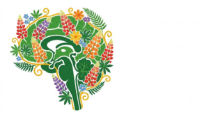 A flat vector folk-art illustration of a human brainstem surrounded by stylised flowers and a golden vine on a white background.