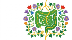 A flat vector illustration of a coiled human intestine surrounded by folk-art botanicals.
