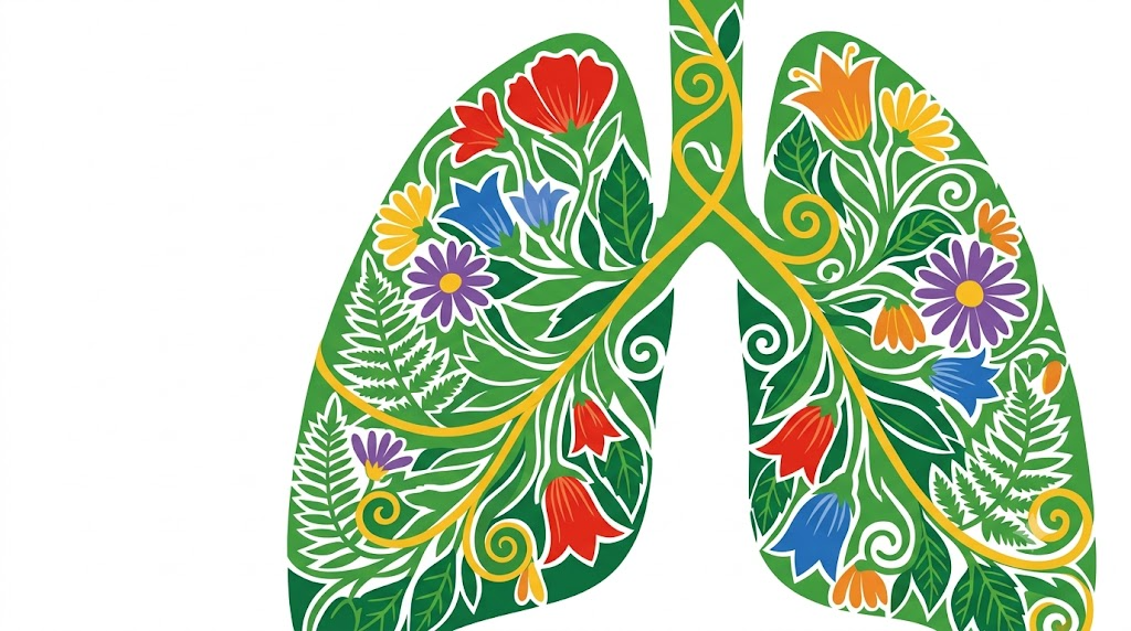 A flat folk-art vector illustration of a pair of human lungs among stylised flowers and curling vines on a white background.