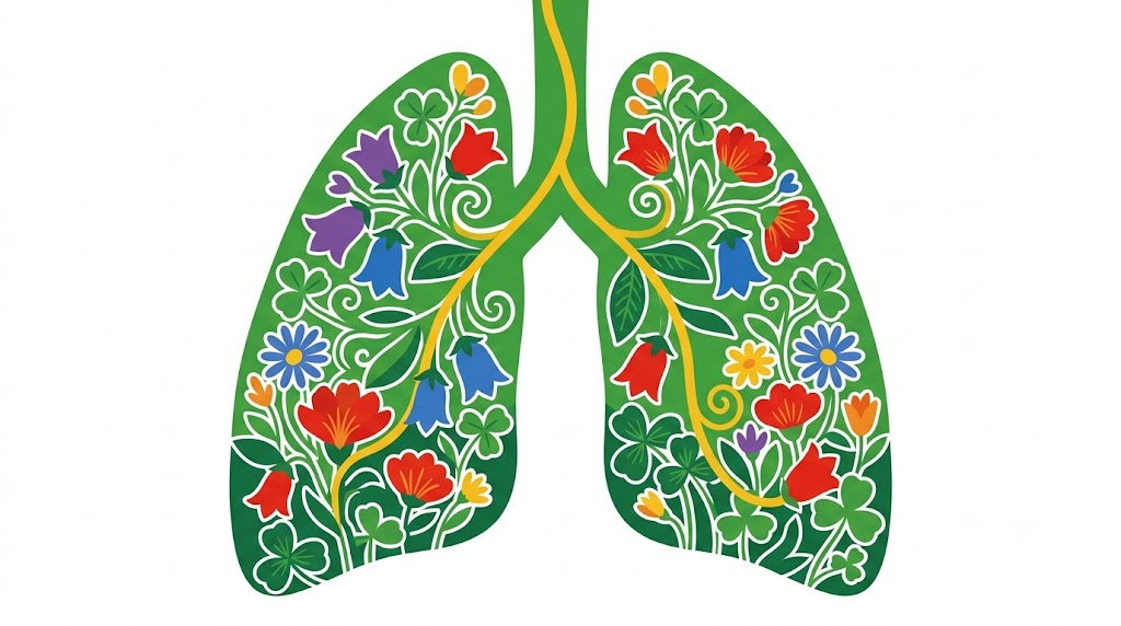 Flat vector illustration of lungs with branching airways framed by folk-art flowers.
