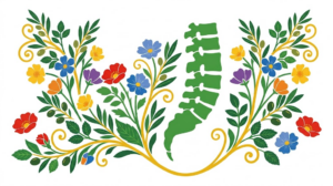 A flat folk-art vector illustration of a human lower spine between mirrored botanical sprays on white.