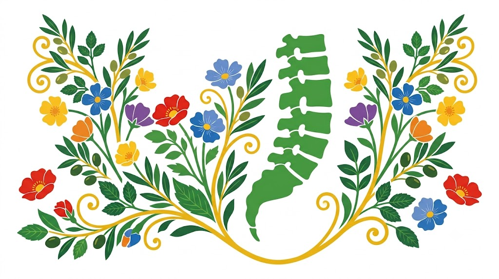 A flat folk-art vector illustration of a human lower spine between mirrored botanical sprays on white.