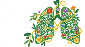 A flat folk-art vector illustration of a pair of human lungs framed by stylised flowers and vines on a white background.