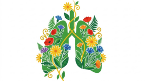A flat folk-art vector illustration of a pair of lungs with cornflowers, daisies and fern fronds climbing up them.