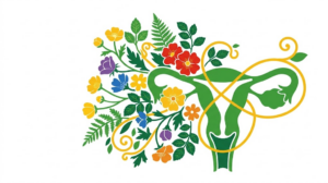 A flat vector folk-art illustration of a human uterus with both ovaries on a white background.