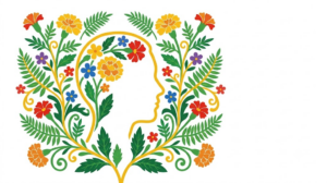 A flat folk-art illustration of a human head in profile set between mirrored sprays of marigolds, small blossoms and fern fronds.