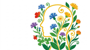 A flat folk-art vector illustration of a human head in profile with cornflowers, daisies and clover climbing around it.