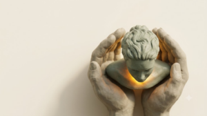 A sculpted matte clay human head and shoulders, marked by one bright golden light element.