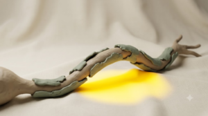 A sculpted matte clay nerve fibre with its myelin stripped away, marked by one bright golden light element.
