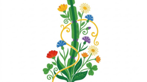 A flat folk-art vector illustration of a nerve fibre wrapped in its myelin sheath with stylised flowers climbing around it on white.