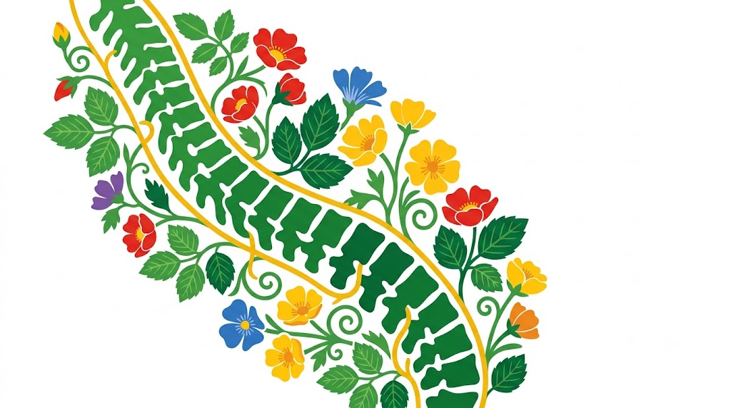 A flat folk-art vector illustration of a spinal cord on a diagonal with wild roses and buttercups.