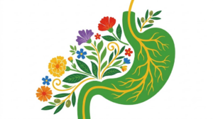 A flat vector folk-art illustration of a human stomach framed by stylised leaves and flowers on a white background.