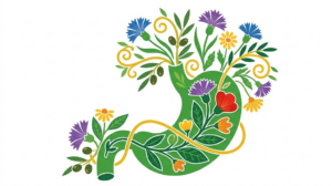 A flat folk-art vector illustration of a human stomach framed by stylised flowers and curling vines on white.