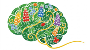 A flat vector folk-art illustration of a human brain surrounded by stylised flowers and a golden vine on a white background.