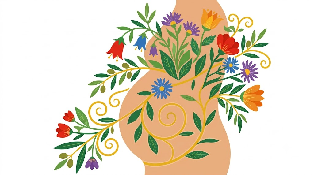 A flat folk-art vector illustration of a pregnant belly with bellflowers and asters arching over it.