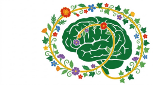 A flat folk-art vector illustration of a human brain in side view framed by stylised flowers and vine scrollwork on a white background.