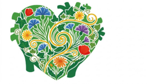 Flat vector illustration of a human heart surrounded by folk-art flowers and trailing vines.