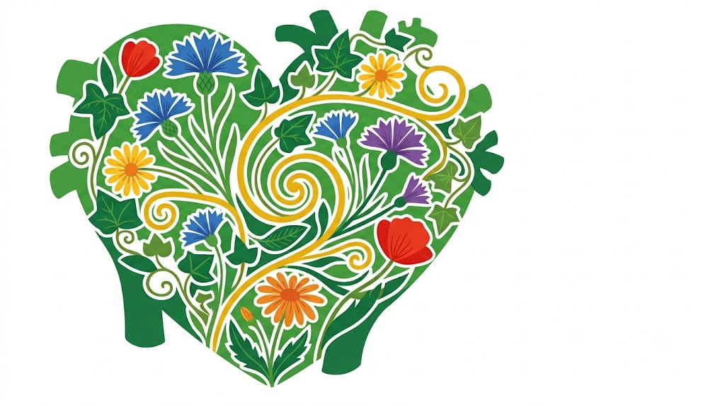 Flat vector illustration of a human heart surrounded by folk-art flowers and trailing vines.