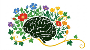 A flat folk-art vector illustration of a human brain silhouette against wild roses, buttercups and ivy on a white background.