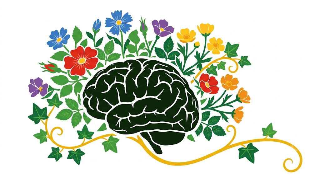 A flat folk-art vector illustration of a human brain silhouette against wild roses, buttercups and ivy on a white background.