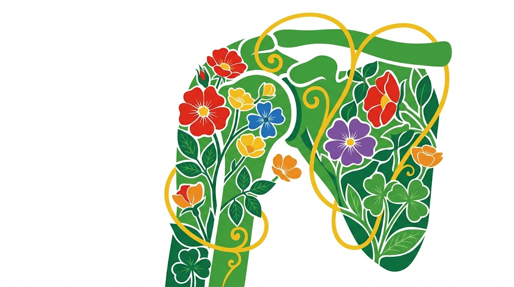 A flat vector folk-art illustration of a human shoulder joint filled with stylised roses and leaves on a white background.