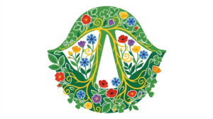 A flat folk-art vector illustration of a human larynx and vocal cords surrounded by stylised flowers and vines on a white background.