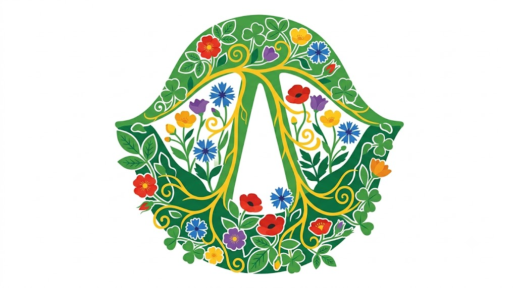 A flat folk-art vector illustration of a human larynx and vocal cords surrounded by stylised flowers and vines on a white background.