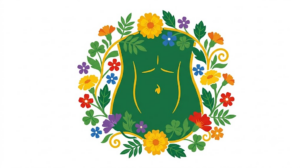 A flat folk-art vector illustration of a human abdomen encircled by a wreath of marigolds and blossoms.