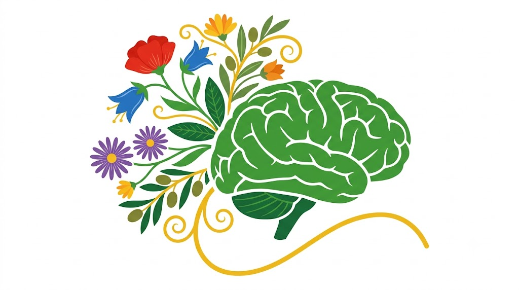 A flat folk-art vector illustration of a human brain with a spray of bellflowers and asters fanning out beside it.