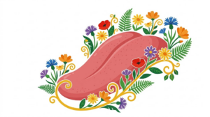 A flat folk-art vector illustration of a human tongue framed by stylised flowers and curling vines on white.