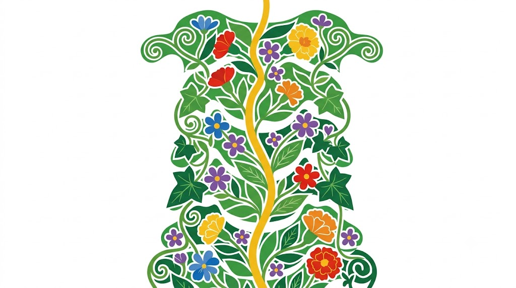 A flat vector folk-art illustration of an upright spinal column framed by stylised leaves and flowers on a white background.