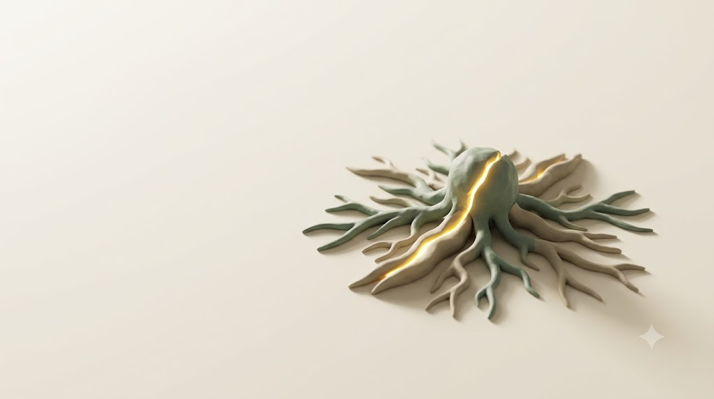 Small clay immune cell spreading sage and putty roots across a smooth surface, split by a bright golden seam.