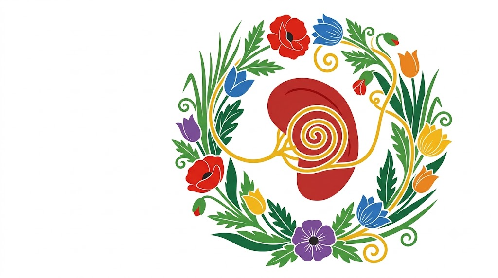 A flat folk-art vector illustration of a human spleen encircled by a wreath of poppies and tulips.