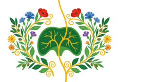 A flat vector folk-art illustration of a human diaphragm surrounded by stylised flowers and a golden vine on a white background.