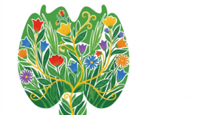 A flat folk-art vector illustration of a human thyroid gland framed by stylised flowers, leaves and curling vines on white.