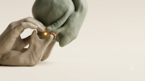 Two clay hands in sage and putty nearly touching around a jaw-joint form, with a small golden spark of light between them.