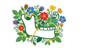A flat folk-art vector illustration of a human jaw decorated with stylised flowers on white.