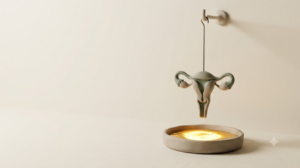 Clay uterus form hanging as a still pendulum above a shallow dish holding a pool of molten golden light.