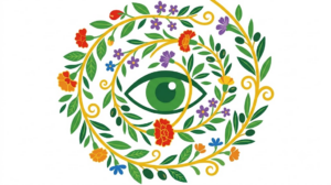 A flat vector folk-art illustration of a human eye surrounded by stylised flowers and a golden vine on a white background.