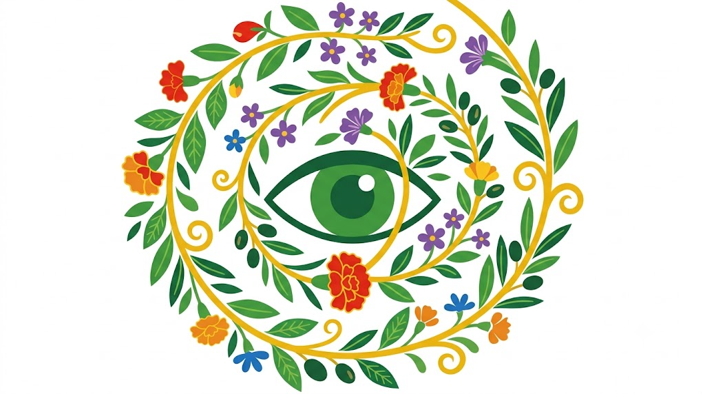 A flat vector folk-art illustration of a human eye surrounded by stylised flowers and a golden vine on a white background.