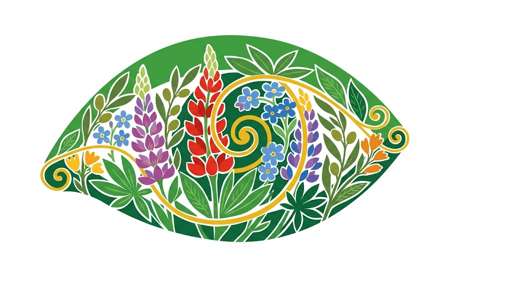 A flat vector illustration of a human eye surrounded by folk-art botanicals.