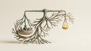 A soft matte clay render of a balance scale branching outward like a river delta, lit by a single bright golden light element on a warm cream background.
