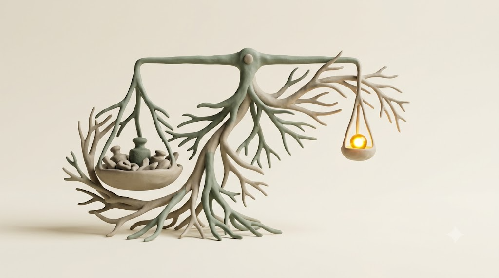 A soft matte clay render of a balance scale branching outward like a river delta, lit by a single bright golden light element on a warm cream background.