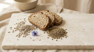 A still life photograph of sunflower seeds, slices of whole grain bread and dried lentils on a plain surface.